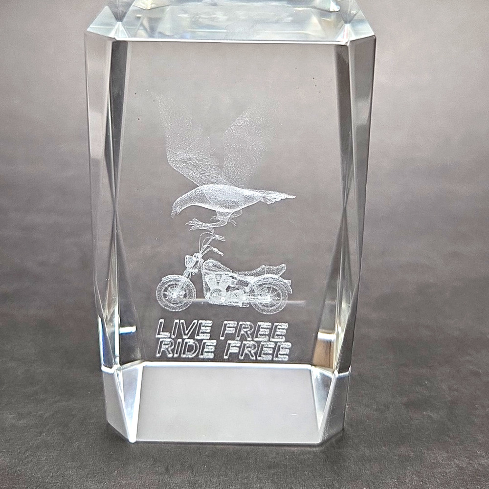 Live Free Ride Free Etched Art Glass Paperweight Motorcycle Eagle 3-1/8in